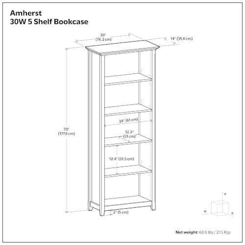 Amherst 70" Tall Solid Wood 5-Shelf Bookcase in Russet Brown, view 4