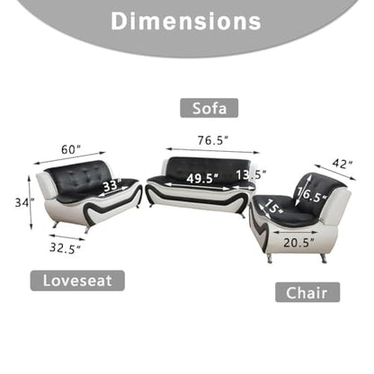 Leather Couches, Living Room Couch Set, Sofa for Bedroom, Apartment, Living Room Furniture Sets a-Leather (Black&White, Sofa+Loveseat+Chair)