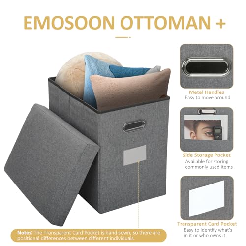 Tall Ottoman with Storage Collapsible Fabric Small Slim Folding Ottoman Furniture with Handles Lid for Room Footrest Foot Stool Linen Grey 16.5x16.5x11.8in
