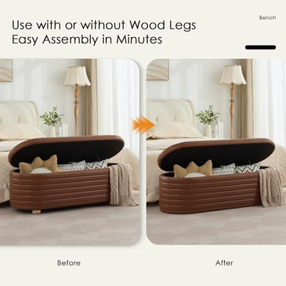 53" Storage Bench PU Leather Ottoman Bench Upholstered Bench End of Bed Stool with Safety Hinge for Bedroom, Living Room, Entryway, Brown