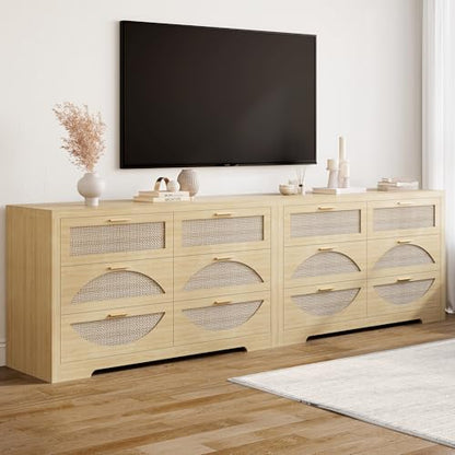 12 Drawer Rattan Dresser for Bedroom,Boho 94.4" Natural Wood Chest of Drawers,TV Stand with Metal Handle,Large Storage Closet Organizer for Living Room,Hallway,Natual Oak