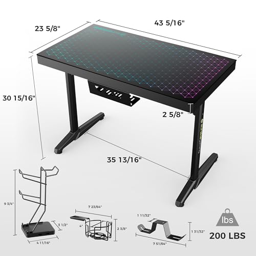 Gaming Desk, 43 Inch Computer Desk with RGB LED Glass Top, view 4