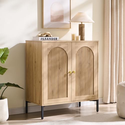 Modern Sideboard Buffet Cabinet, 34" Tall Fluted Arched Buffet Cabinet with Storage and Adjustable Shelves, Wooden Modular Coffee Bar Cabinets for Kitchen, Entryway, Natural