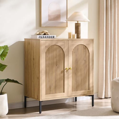 Modern Sideboard Buffet Cabinet, 34" Tall Fluted Arched Buffet Cabinet with Storage and Adjustable Shelves, Wooden Modular Coffee Bar Cabinets for Kitchen, Entryway, Natural