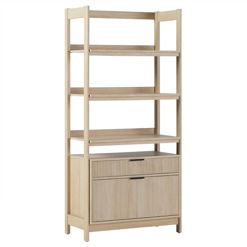 Transitional Open Reeded 4-Shelf Bookshelf with Drawers on Bottom, Versatile Bookcase with Bottom Storage for Home Office, Living Room, Bedroom, 33”W x 16.75”D x 70”H, Coastal Oak