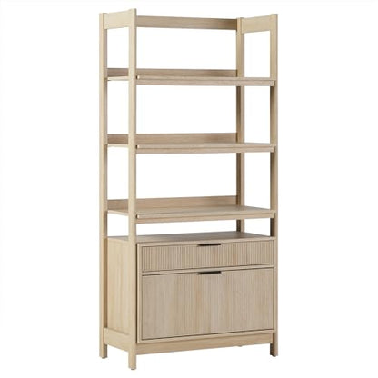 Transitional Open Reeded 4-Shelf Bookshelf with Drawers on Bottom, Versatile Bookcase with Bottom Storage for Home Office, Living Room, Bedroom, 33”W x 16.75”D x 70”H, Coastal Oak