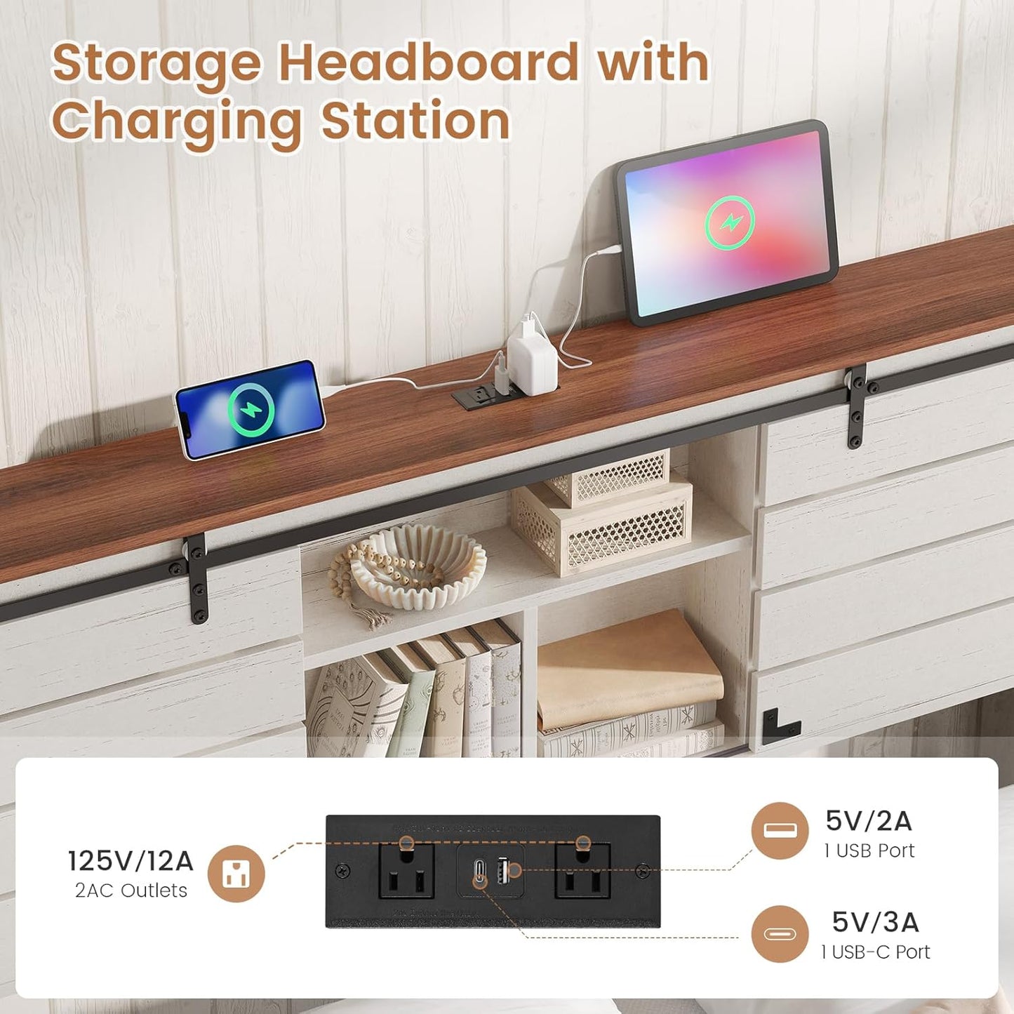 Wooden Bed Frame Queen Size with Bookcase Headboard and Sliding Barn Door, Farmhouse Queen Bed Frame with Charging Station, LED Lights and 4 Storage Drawers, No Box Spring Needed, White