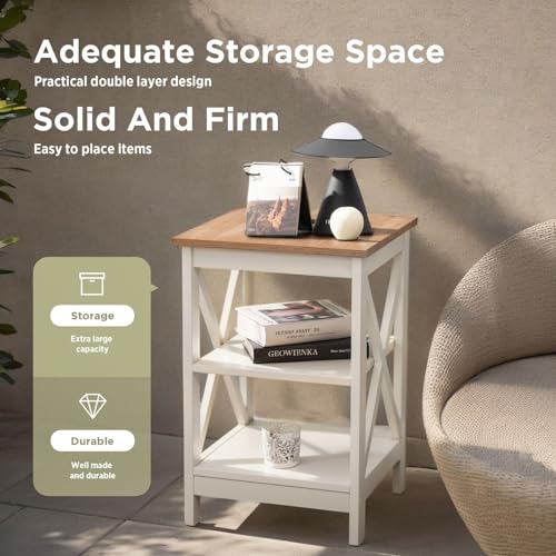 End Tables Bedroom Set of 2, Farmhouse Sofa Side Table with Storage Shelves, Ivory