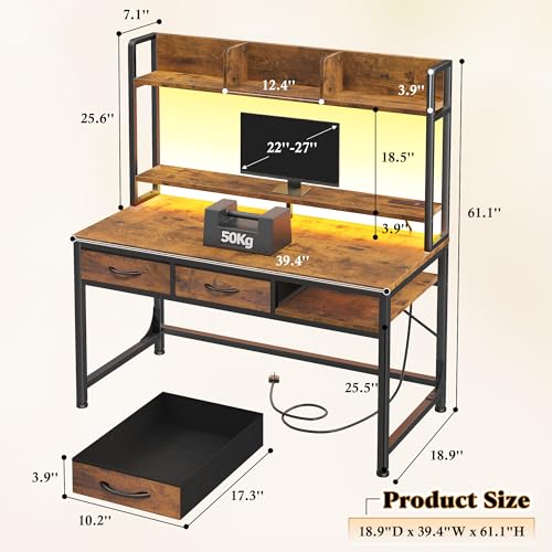 39.4" Office Desk with Hutch&Drawers,Monitor Stand, LED Lights, view 4