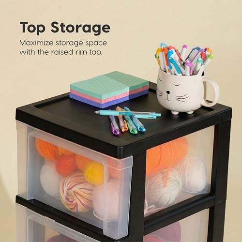 Plastic 3-Drawer Storage Organizer Rolling Cart, with Wheels Casters, 2-Pack, for Classroom Art Supplies Bathroom Dorm Bedroom Laundry Room, Slim Narrow, Black/Clear