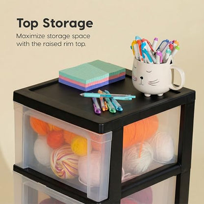 Plastic 3-Drawer Storage Organizer Rolling Cart, with Wheels Casters, 2-Pack, for Classroom Art Supplies Bathroom Dorm Bedroom Laundry Room, Slim Narrow, Black/Clear