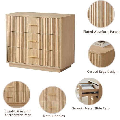 Fluted Natural Wood Dresser with Metal Handles 31.5" Wide, view 7