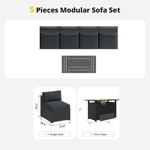Patio Furniture Set with Fire Pit Table, 5 Piece Outdoor Sectional Sofas, Wicker Rattan Outdoor Furniture with Thickened Cushion for Backyard, Garden Dark Grey