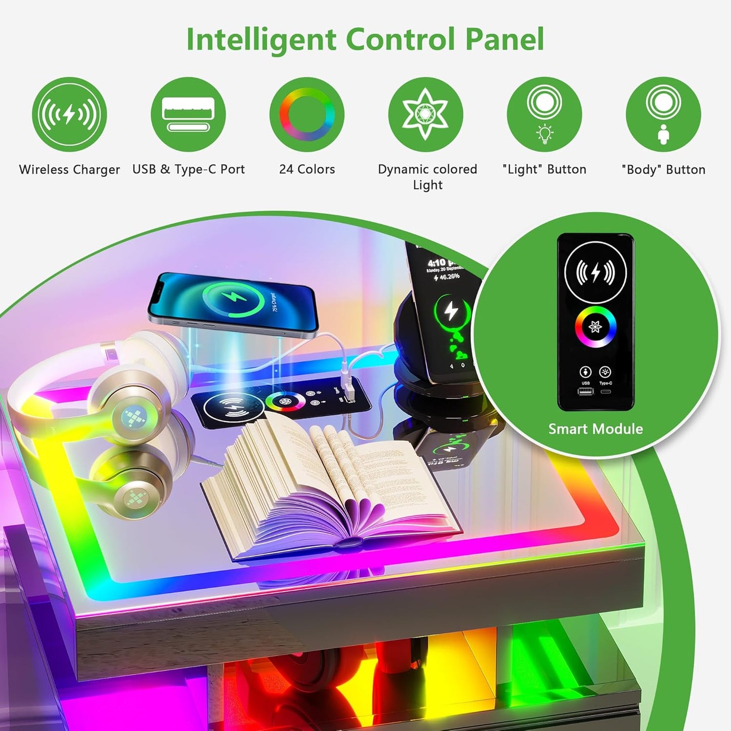 RGB Nightstand with Wireless Charging Station, LED Night Stand with Motion Sensor Lights, Smart Bedside Table with Changing Strip Lights with Remote,High Gloss Side Table/Glass Top (Black)