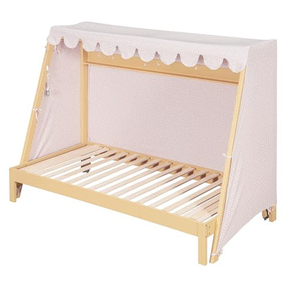 JIVOIT Twin XL Bed with Twin XL Trundle, Storage Shelf, Space-Saving Extendable Platform Bed with Pink Plaid Tent for Double, No Box Spring Required (Natural,22)