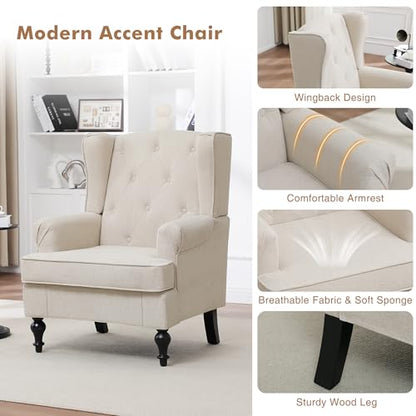 Accent Chair Set of 2, Mid Century Modern Fabric Wingback Chair, Upholstered Armchair with High Back and Vintage Legs, Comfy Single Sofa Side Reading Chair for Living Room Bedroom, Khaki
