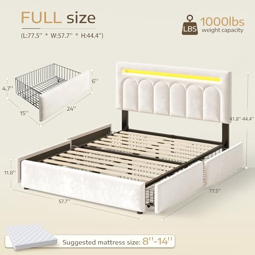 Beige Velvet Bed Frame with Storage and LED Lights, view 3