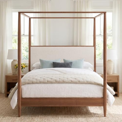 King 4-Poster Wood Canopy Bed with Boucle Headboard, Walnut, view 8