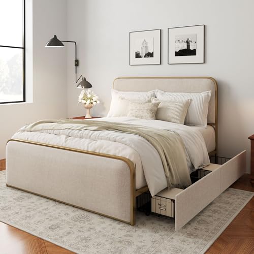 Metal Platform Bed King Size with Curved Upholstered Headboard and Footboard, view 5