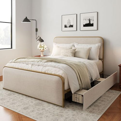 Metal Platform Bed King Size with Curved Upholstered Headboard and Footboard, view 5