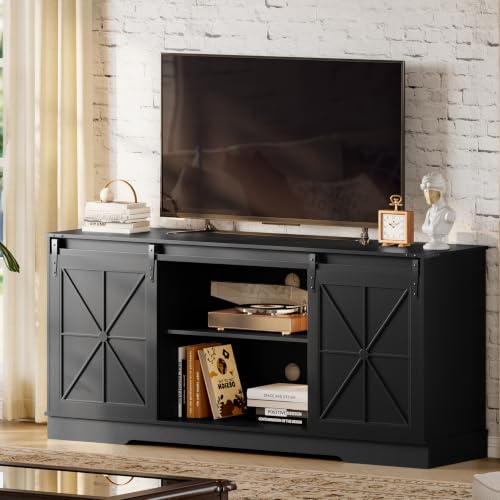 Farmhouse Black TV Stand for 65 Inch TV with Sliding Barn Doors, view 3