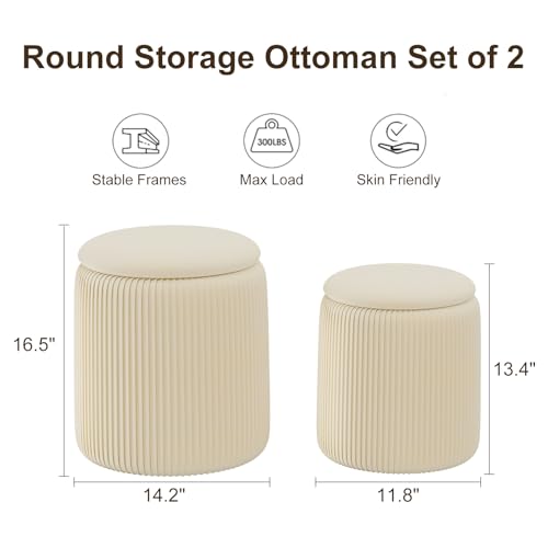 Beige Ottoman with Storage Set of 2, Upholstered Velvet Vanity Stool, Comfy Round Makeup Vanity Stools, Large Storage Ottoman Foot Rest, Pouf Seat for Living Room/Bedroom