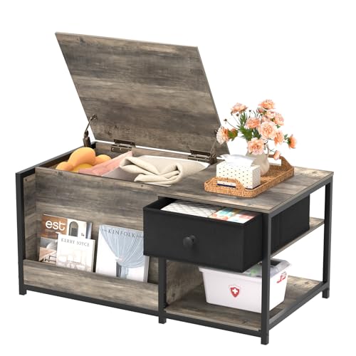 Coffee Table with Storage, Rectangular Coffee Tables for Living Room, Farmhouse Coffee Table with Hidden Storage Compartment and Adjustable Shelves, Grey Wash