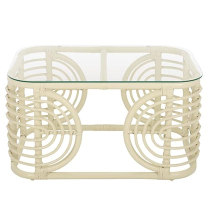 SAFAVIEH Furniture - Lidiya Coffee Table - White Rattan with Glass Top - Boho Coastal Living Room Accent Table, Fully Assembled, 30.7" W x 22.8" D x 15.9" H (COF9900A)
