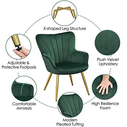Yaheetech Velvet Accent Chair, Modern Armchair Vanity Chair with Wing Side and Metal Legs, Cozy and Soft Padded and High Back for Living Room/Makeup/Office/Bedroom, Green
