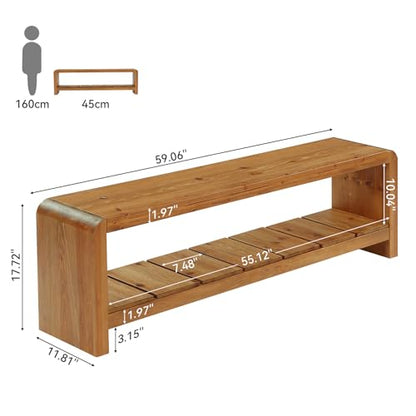 Solid Wood Entryway Bench with Shoe Storage, 59.06-Inch Long Shoe Bench with Open Shelf, Farmhouse End of Bed Seating for Hallway, Foyer, Bedroom, Walnut Brown