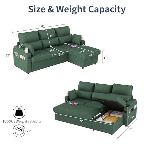 81" L-Shaped Sectional Sofa Couch, Pull-Out Sleeper Sofa Bed with Storage Chaise, Double Cup Holders, Dual USB Charging Ports, Couches for Living Room Apartment