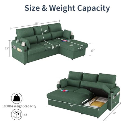81" L-Shaped Sectional Sofa Couch, Pull-Out Sleeper Sofa Bed with Storage Chaise, Double Cup Holders, Dual USB Charging Ports, Couches for Living Room Apartment
