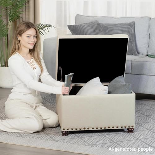 Ottoman with Storage,24" Fabric Ottoman Foot Rest with Hinged Lid Small Rectangle Upholstered Button Tufted Foot Stools Ottomans for Bedroom Living Room Entryway,Beige