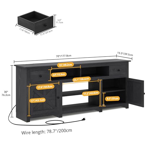 Farmhouse TV Stand with Power Outlet for 75"/80" TVs, Black | Entertainment Centers Furniture, TV Consoles with Storage Drawers, Rustic TV Stands for Living Room