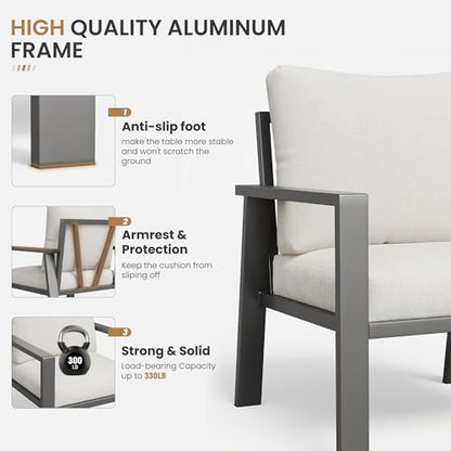 Aluminum Patio Furniture Sets Metal Outdoor Furniture Set with Cushion All-Weather Sectional Sofa with Coffee Table for for Backyard, Garden and Poolside Easy Assembly(Beige)