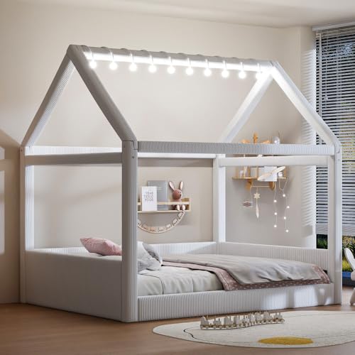 Full Size Upholstered House Daybed with LED Light Strips,Beige