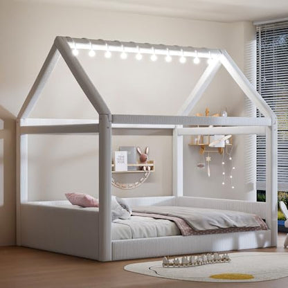 Full Size Upholstered House Daybed with LED Light Strips,Beige