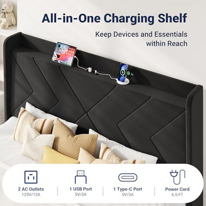 King Size Velvet Bed Frame with Charging and Shelf, Black, view 7