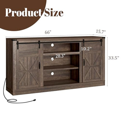 66" Farmhouse TV Stand for 75 Inch TV, 33" Tall Entertainment Center with Power Outlets & Sliding Barn Door, Wood TV Stands with Storage, TV Media Console for Living Room, Brown