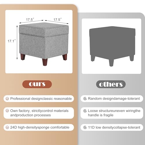 Linen Storage Ottoman with Wooden Legs, 17" Square Upholstered Flip-Top Footrest Stool, Extra Seat or Coffee Table for Living Room, Bedroom, Entryway, Grey