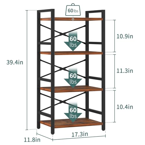 4 Tier Bookshelf - Small Book Shelf Industrial Bookcase, Narrow Book Case Book Storage Organizer for CD/Movie/Book, Bookshelves for Bedroom Office Living Room Berry Brown