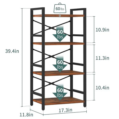 4 Tier Bookshelf - Small Book Shelf Industrial Bookcase, Narrow Book Case Book Storage Organizer for CD/Movie/Book, Bookshelves for Bedroom Office Living Room Berry Brown