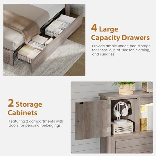 Farmhouse Queen Bed Frame with Bookcase and Storage Cabinets Headboard, view 7
