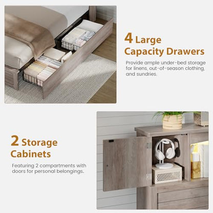 Farmhouse Queen Bed Frame with Bookcase and Storage Cabinets Headboard, view 7
