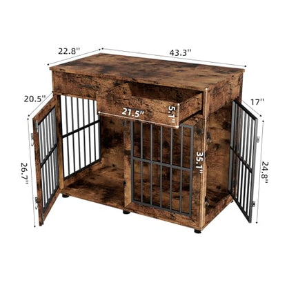 43.3" Large Dog Crate Furniture with 2 Drawers, Brown, view 3