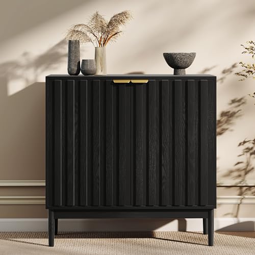 Fluted Buffet Cabinet with Storage, Small Accent Cabinet, Black, view 2