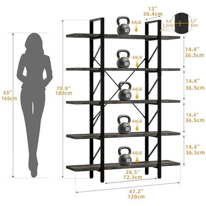 5-Tier Bookshelf, 70.9" Tall Bookshelves Vintage BookCases with 5 Shelves Display Storage Shelves for Home Office, Living Room, Charcoal Gray