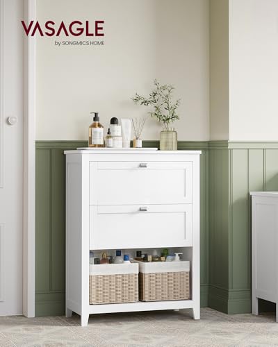 VASAGLE Storage Cabinet, Freestanding Floor Cabinet, 2 Drawers with 1 Set of Adjustable Divider, 2 Baskets, Sideboard, 11.8 x 23.6 x 31.5 Inches, for Bathroom, Living Room, Cloud White UBBC545W02