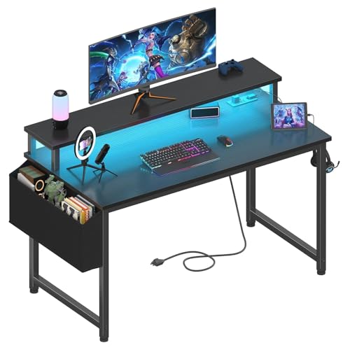 Black Gaming Desk with LED Lights and Power Outlets, view 2