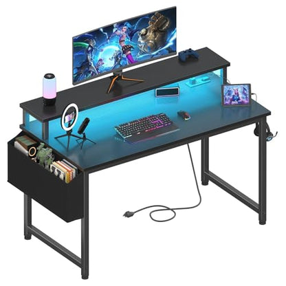 Black Gaming Desk with LED Lights and Power Outlets, view 2